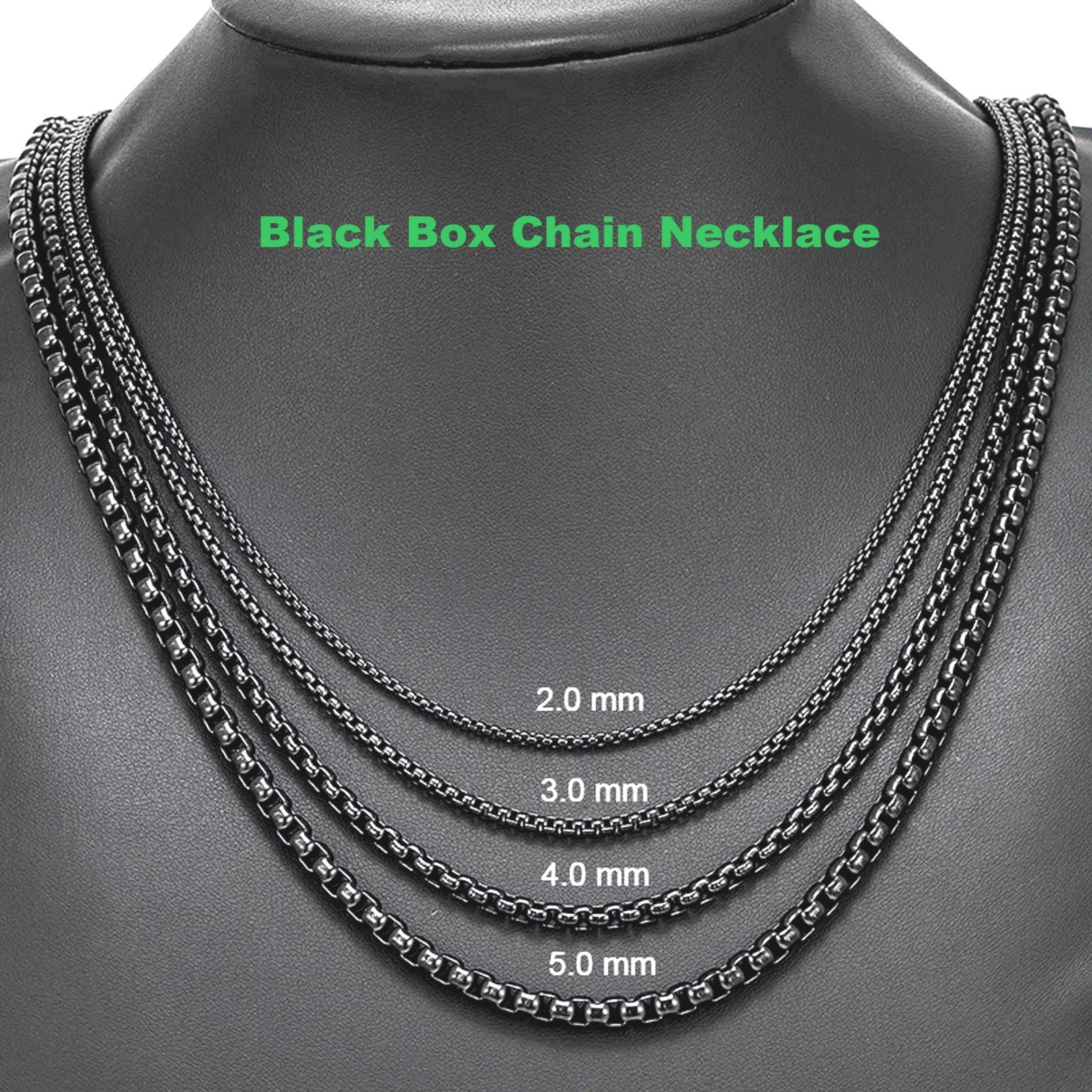 Chain Necklace Wheat stainless steel Black for men&women, 16/ 30 in, 3/4/5/6/7mm