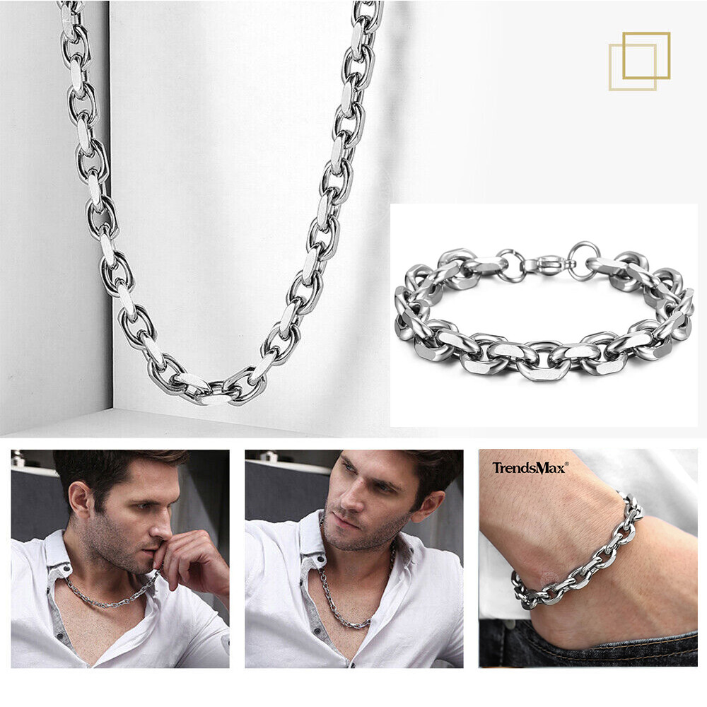 Mens Chain Silver Stainless Steel CABLE Link Necklace Bracelet Jewelry Set 7-26″