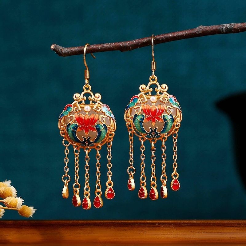 New Chinese Enamel Fish Tassel Earrings Traditional Women