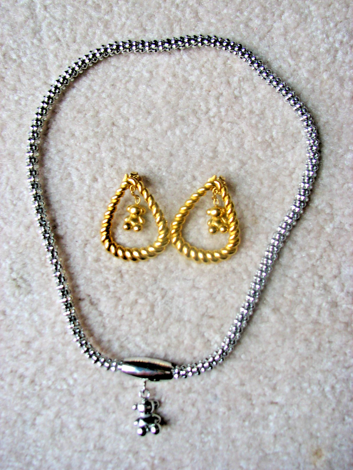 TOUS Metal Bear Necklace and Earrings Dangle Jewelry Silver/gold Tone