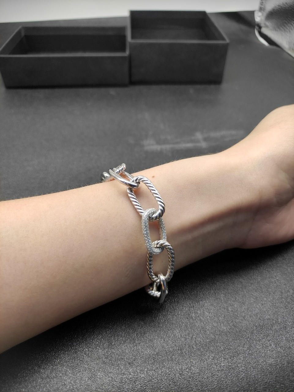 David Madison Chain Bracelet 925 Silver Two-Tone Cable Pave Diamond 21 cm