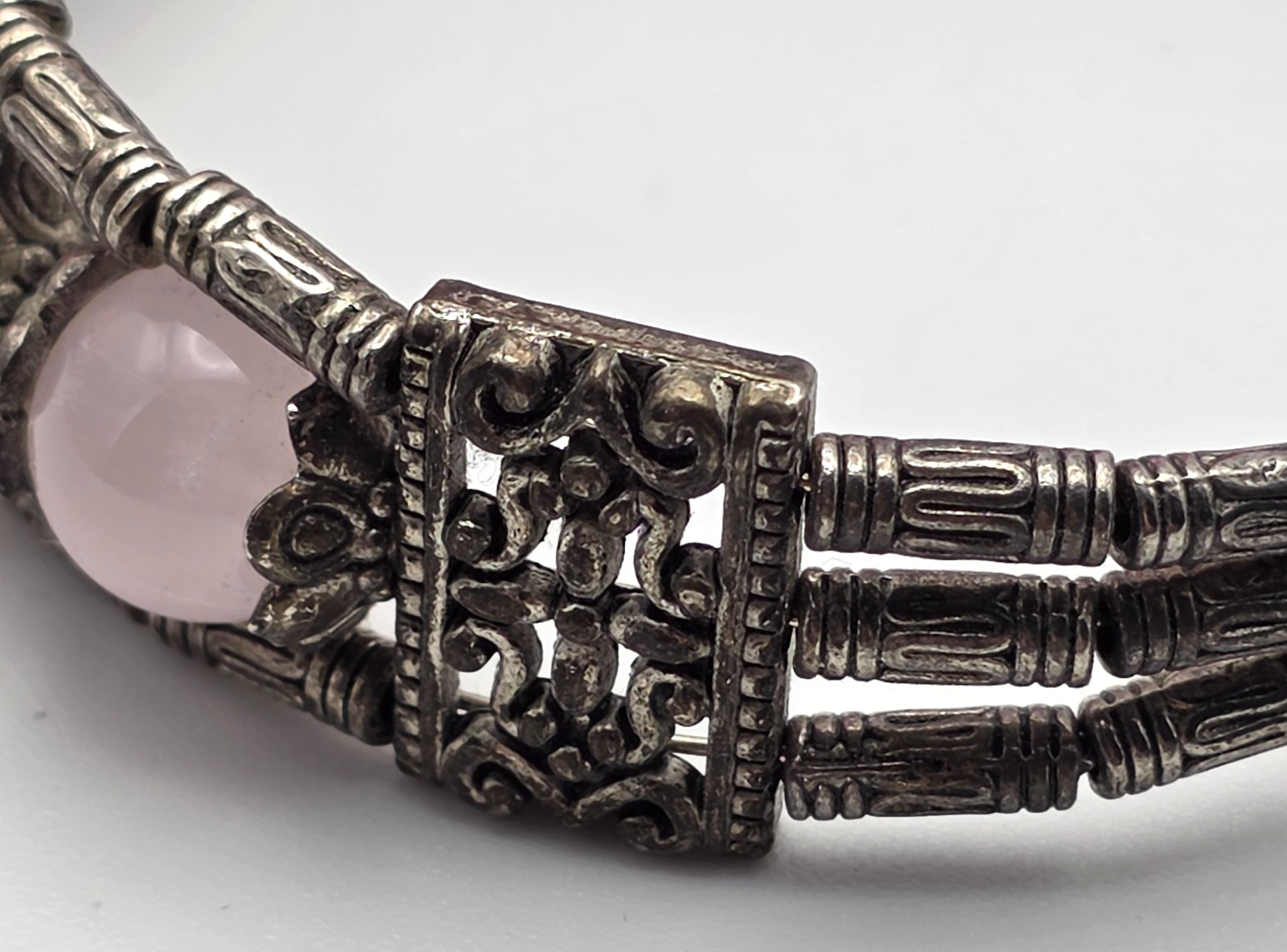 Rose Quartz Bead Bracelet Silver Tone Multi Strand Butterfly Bali Style 6.5in