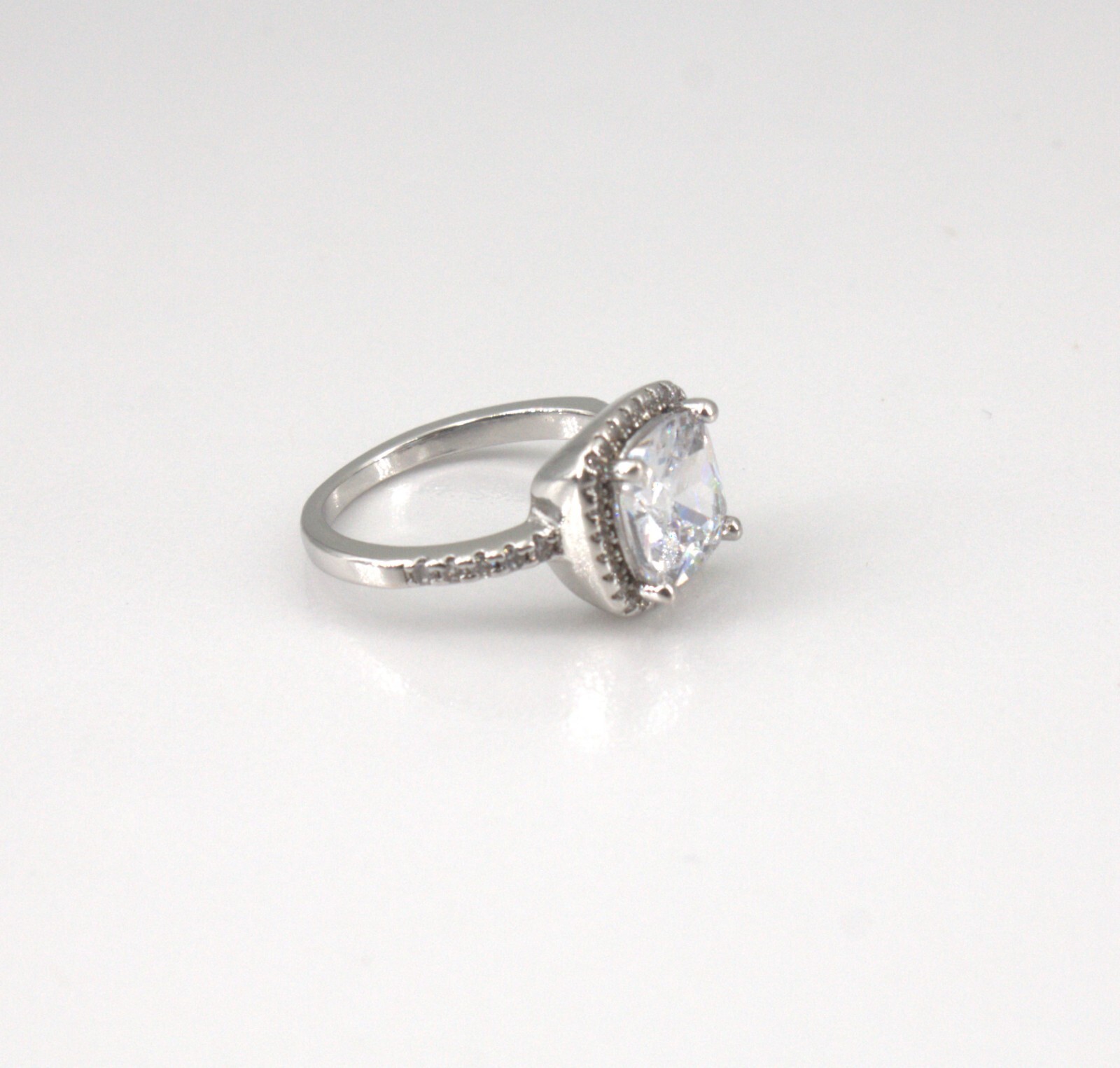 Sterling Silver Ring Cushion Cut Solitaire with Accents Cubic Zirconia Signed S