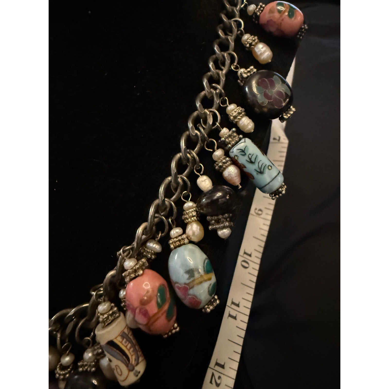 Vintage Hand Painted Ceramic Bead Pearl Charm Necklace Silver Tone 18in