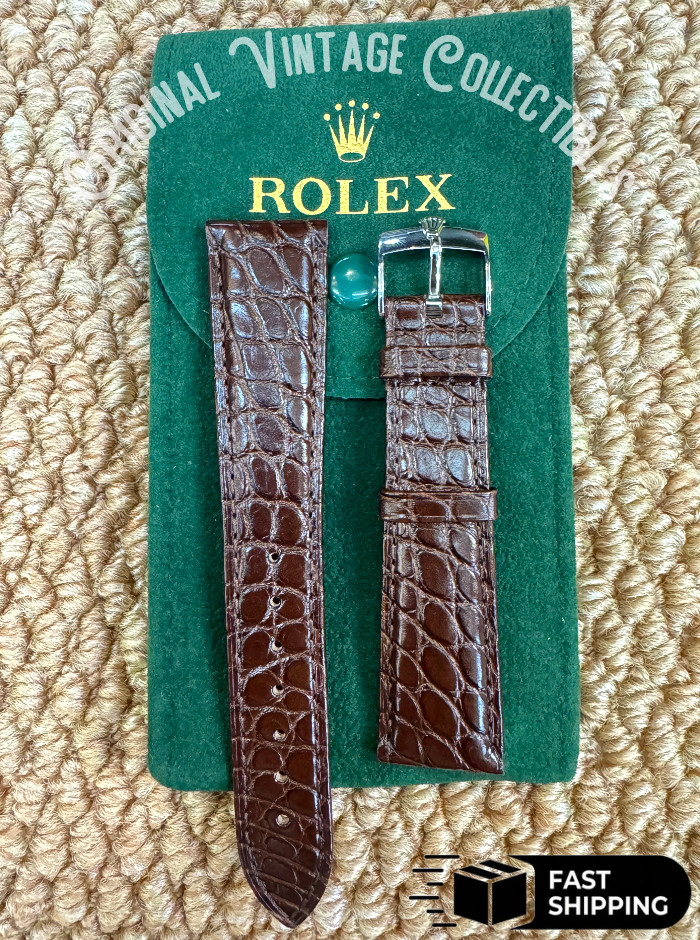 Rolex Brown Crocodile Leather Band 20mm With Silver 𝐑𝐎𝐋𝐄𝐗 Buckle Crown NOS
