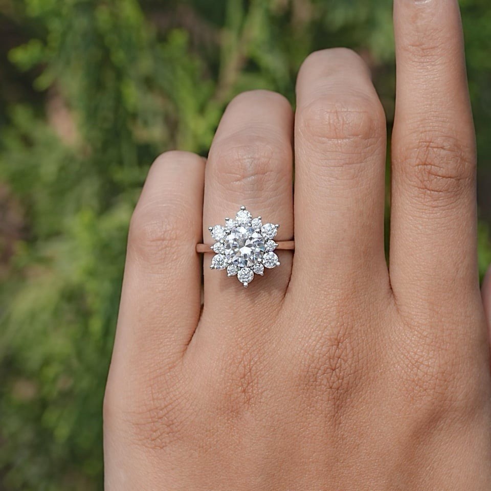 Floral Moissanite Engagement Ring – Flower Halo Design in 925 Sterling Silver