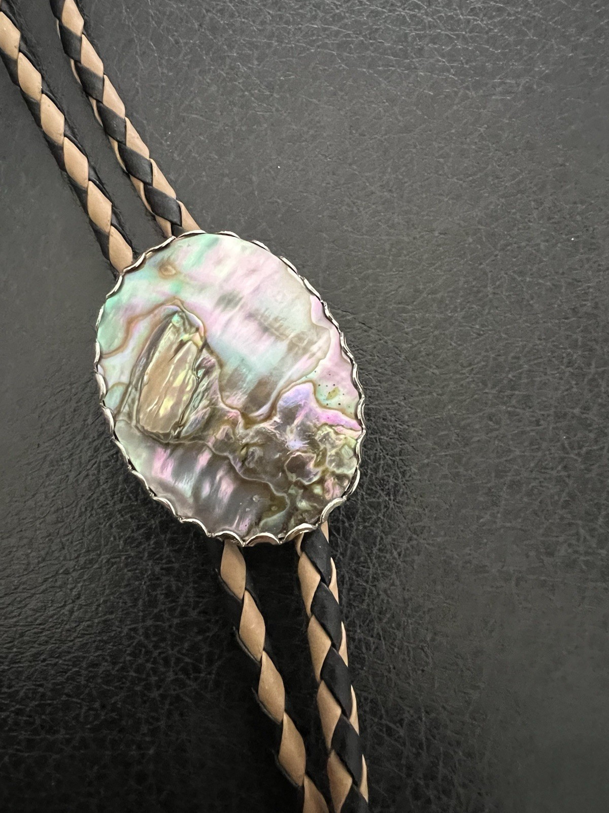 Genuine Abalone Shell Bolo Tie Leather Cord Western Cowboy Necklace Jewelry