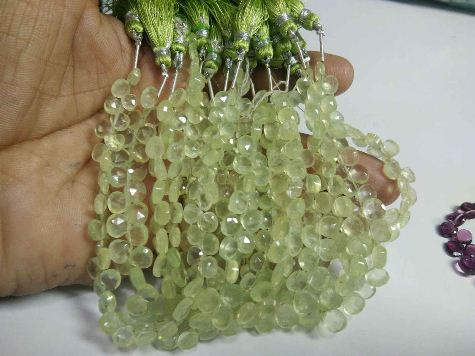 AAA PREHNITE GEMSTONE HEART BRIOLLETE FACETED 7-7.5 MM BEADS 7″ STRANDS