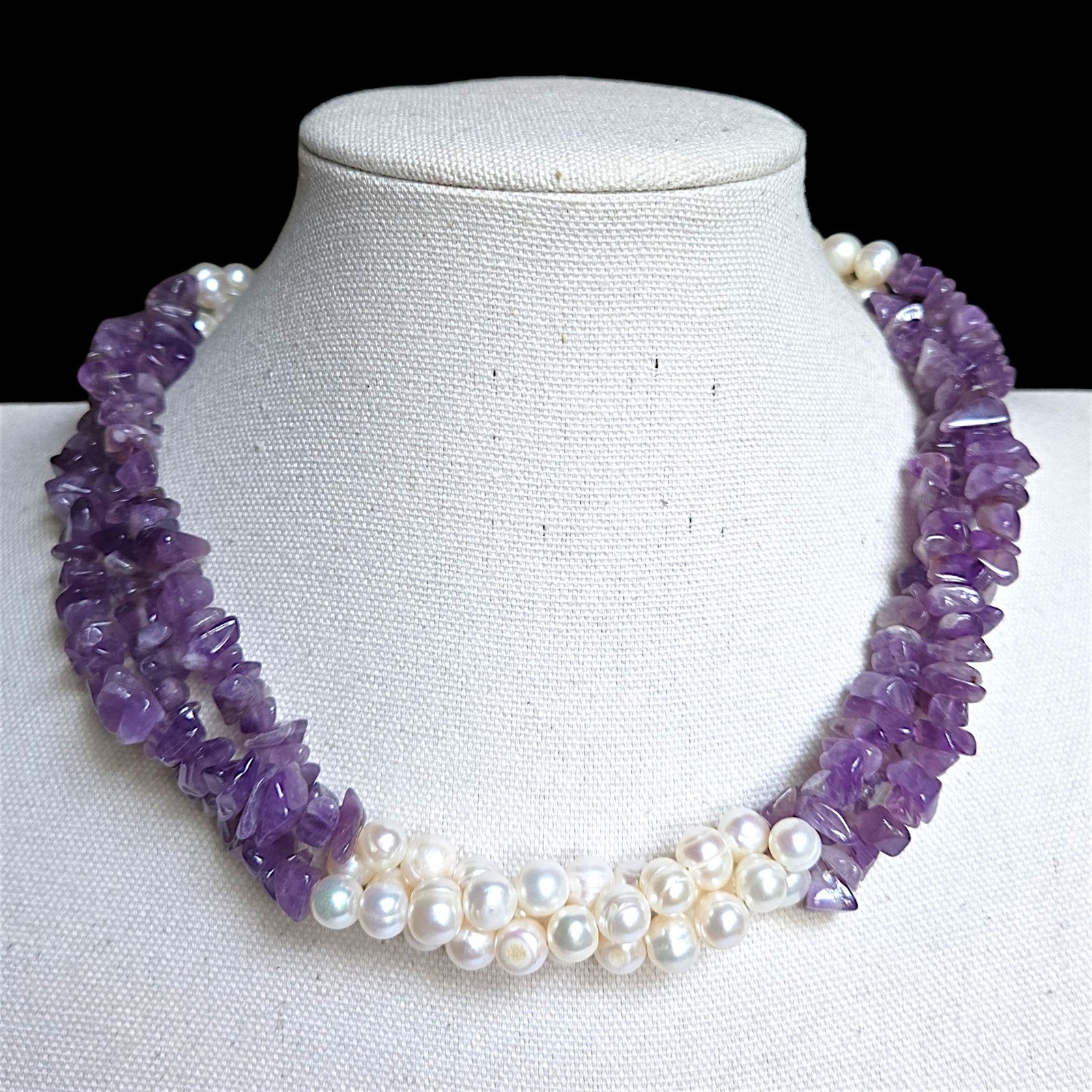 Freshwater Pearl Amethyst Multi Strand Necklace Sterling Toggle Purple White 18″