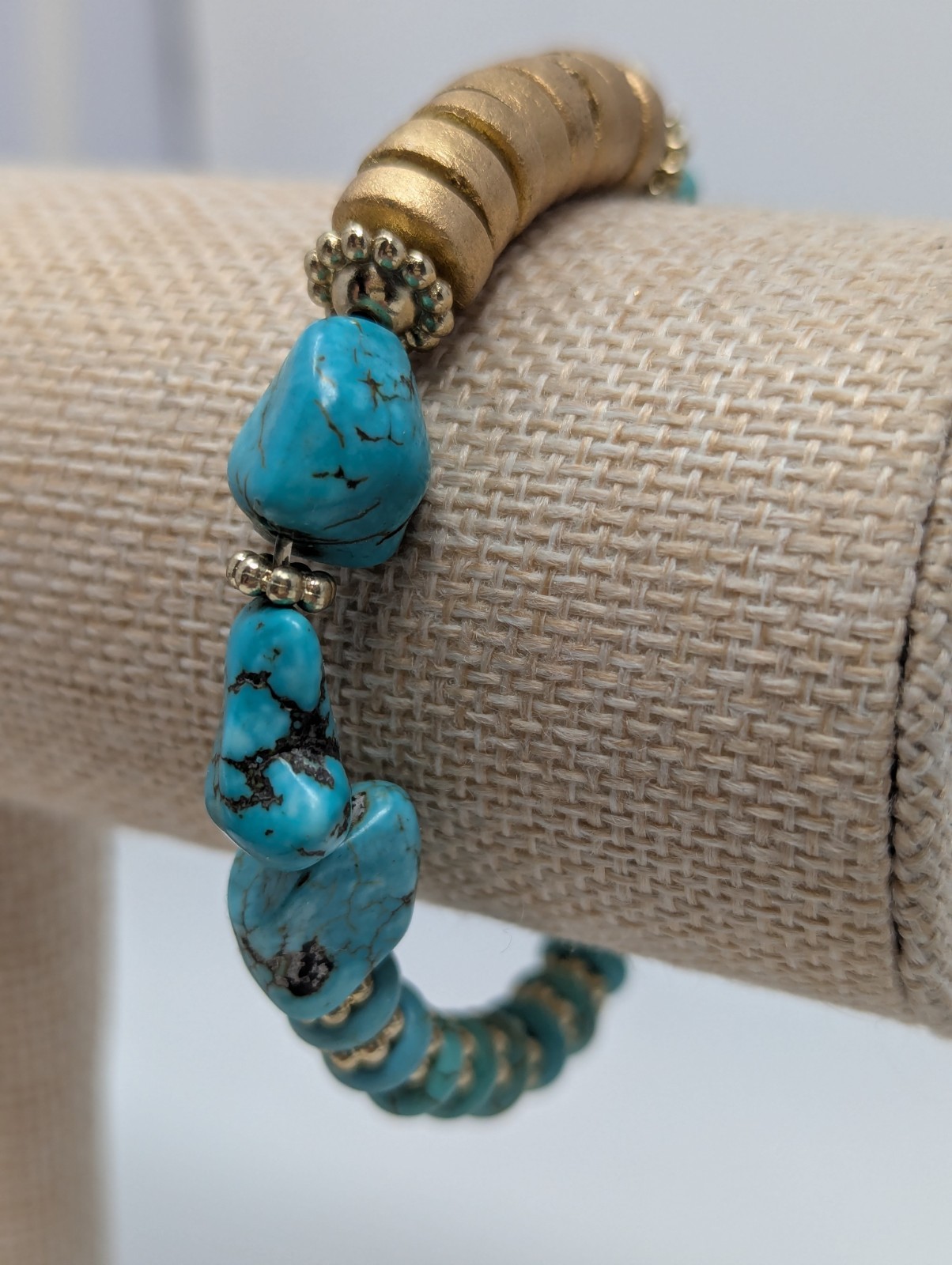 Turquoise Nugget Bead Bracelet Gold Spacer Barrel Clasp Southwestern Style Boho