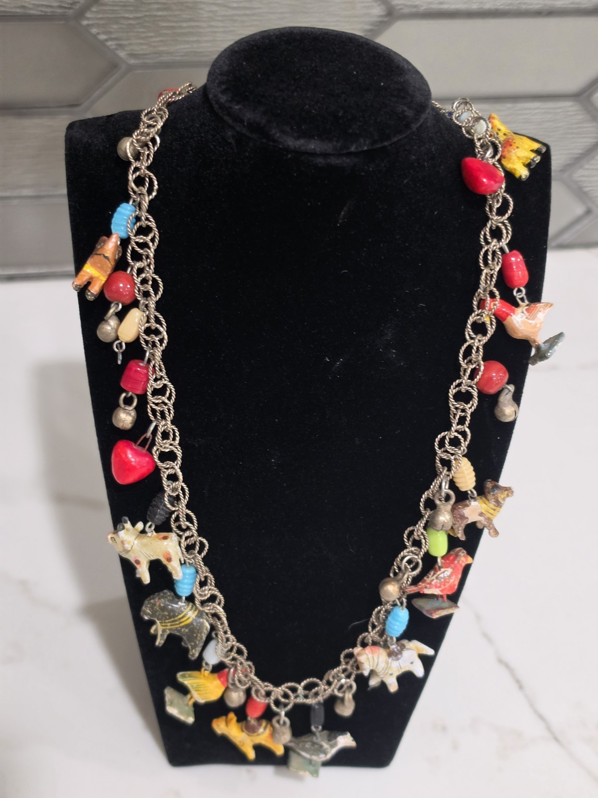 Vintage Tropicana Necklace Silver Wooden Animals Birds Chain Parrot Hearts 1960s