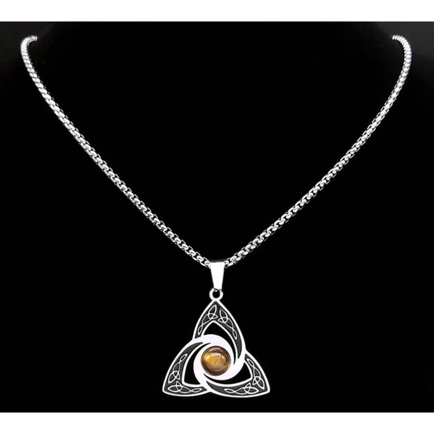 Irish Celtic Trinity Knot Power Necklace Tiger Eye Stone Stainless Steel Chain
