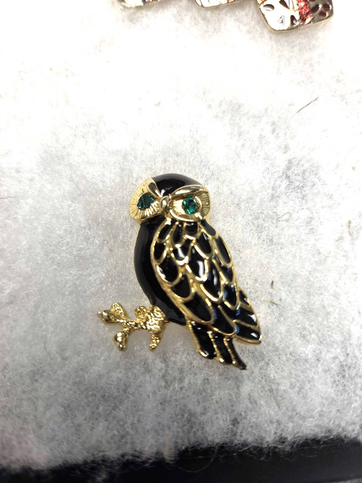 Vtg nos gold tone Owl enamel rhinestone eyes Pin