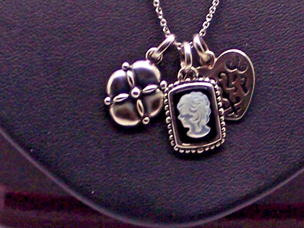 Three Charm Pendant Necklace .925 Sterling Heart Clover & Cameo