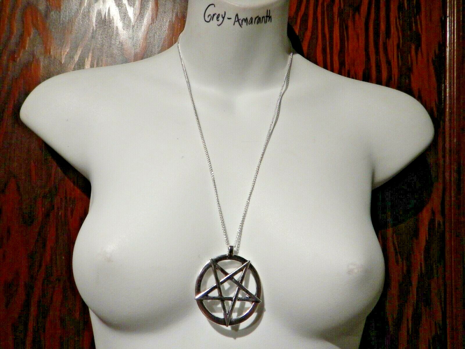 LARGE INVERTED PENTAGRAM PENDANT NECKLACE silvertone pentacle wiccan unisex Q3