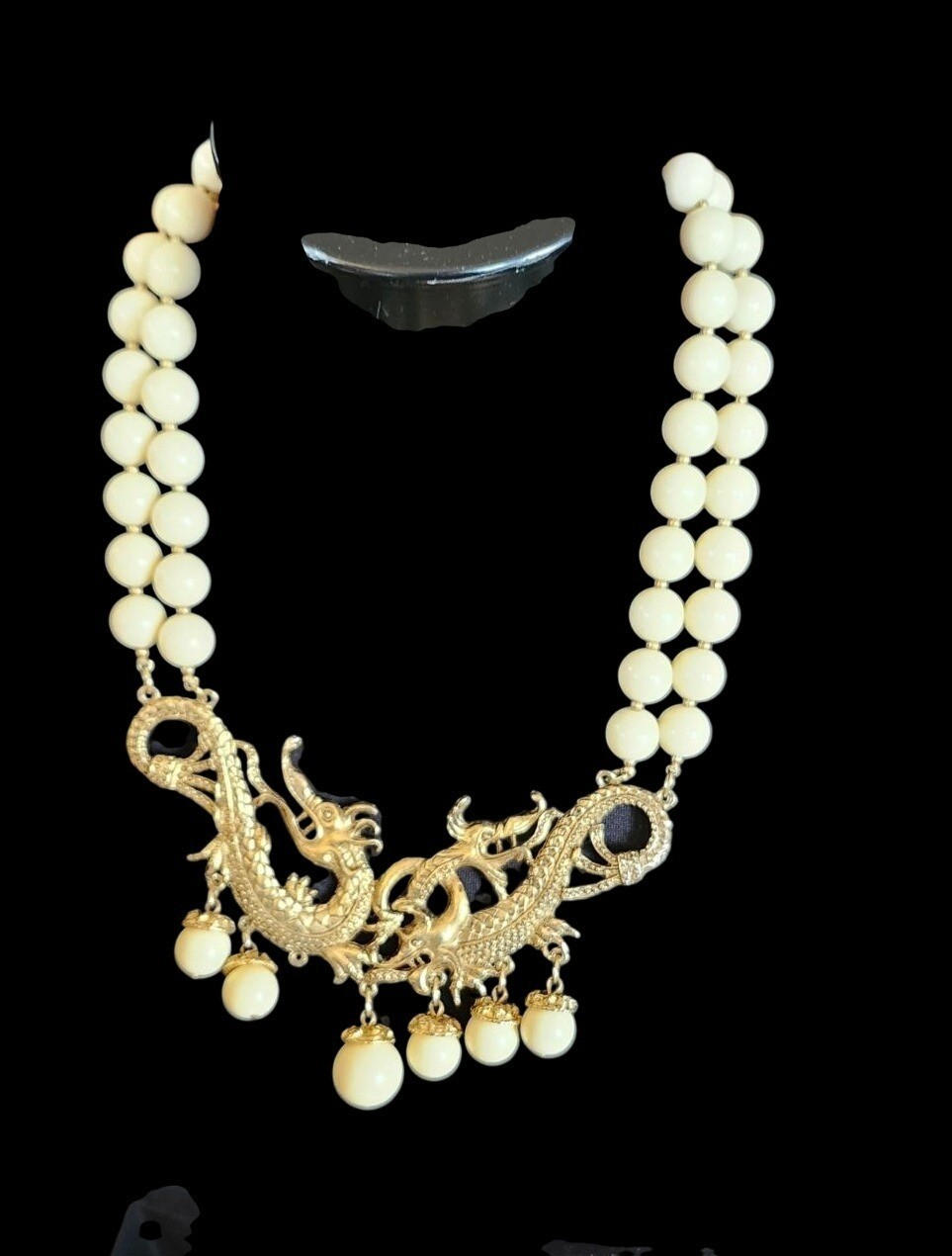 Vintage Asian Dragon Necklace Gold Tone Double Strand Bead Statement Bib Cream B