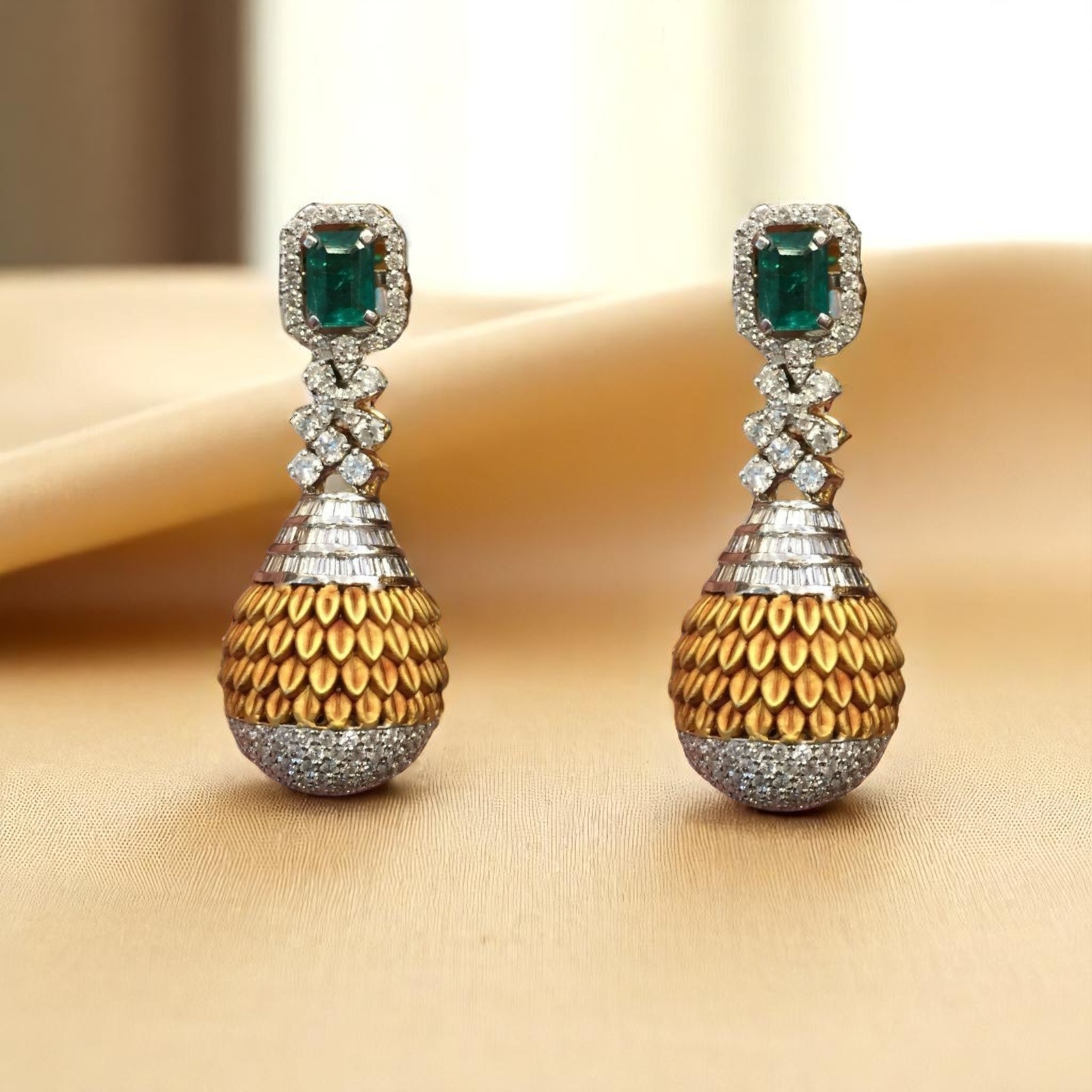Elegant 6.30 Cts Round Baguette Shape Diamond Emerald Dangle Earrings 14K Gold