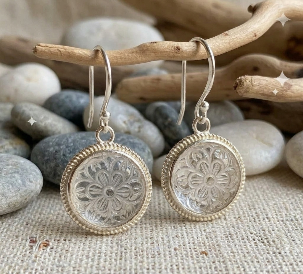 solid 925 Sterling Silver Clear Quartz carved flower dangle drop earrings