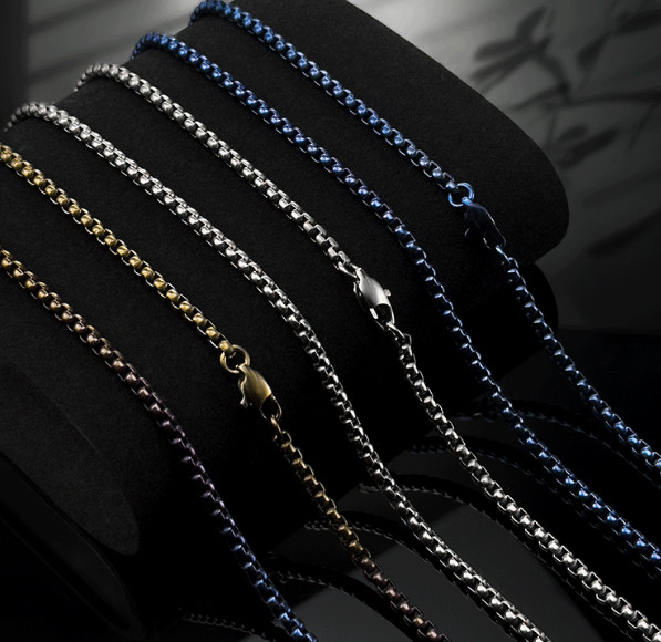Pure Titanium Necklace Square Box Chain 3mm Wide Anti Allergic Rainbow Color