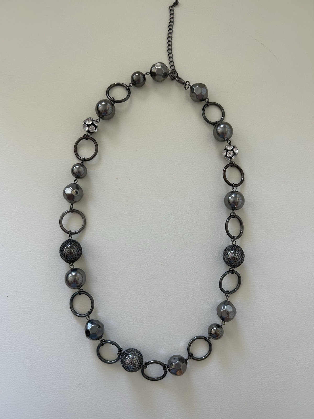 Gray Glass Beaded Link Chain Necklace Crystal Accents Lobster Clasp 20in