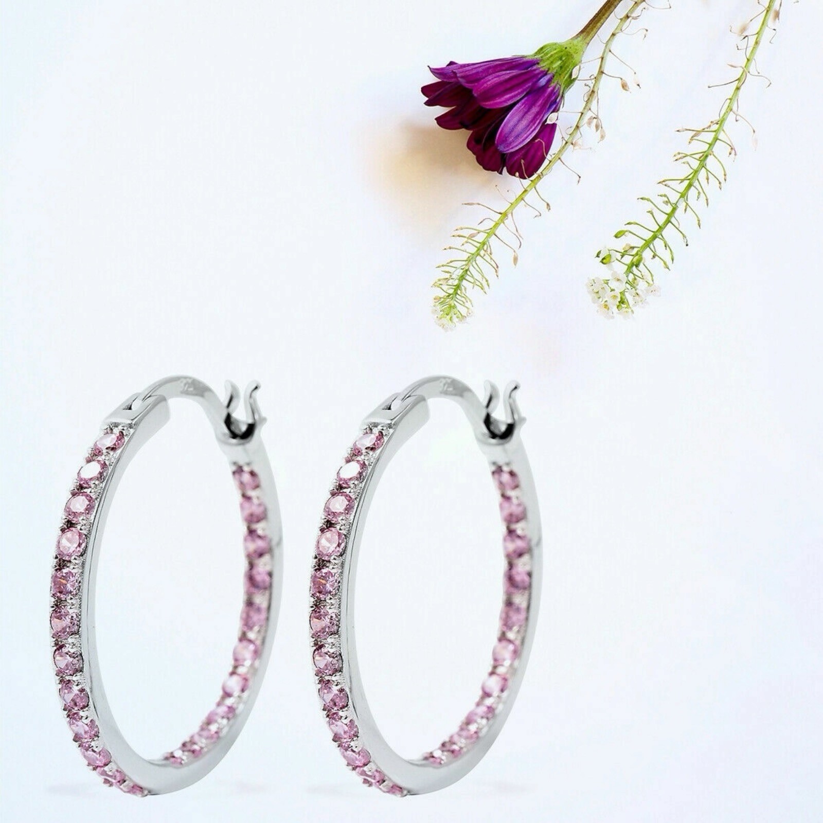 Silver Plated Cubic Zirconia CZ Inside Out Hoops Hoop Earrings Lab-Created B99