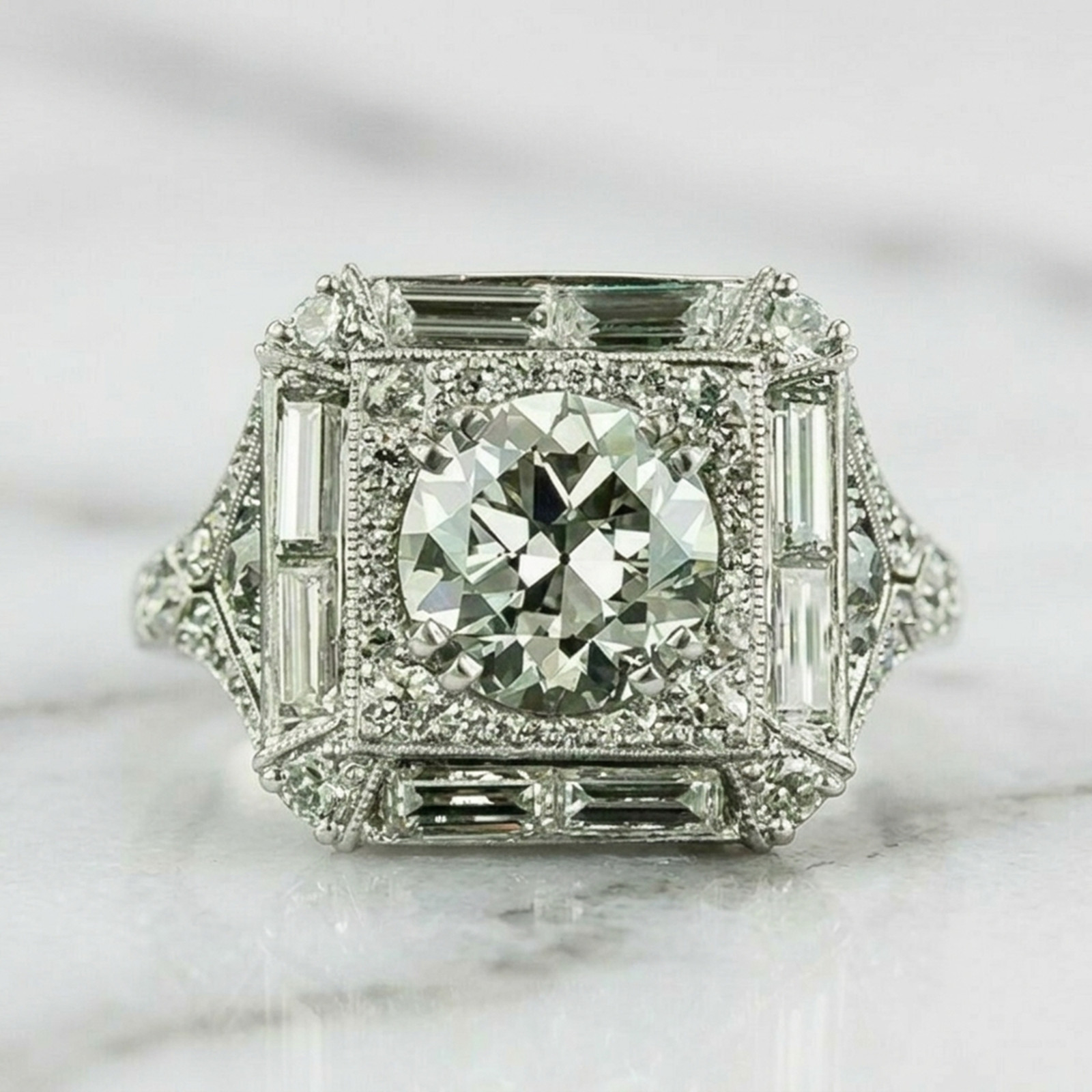 14K Gold Art Deco Double Halo Old European Cut Lab Created Diamond Wedding Ring