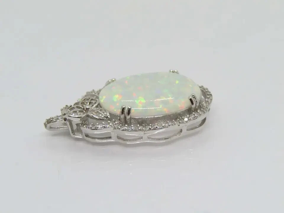 3Ct Oval Cut Fire Opal Pendant 14K White Gold Finish