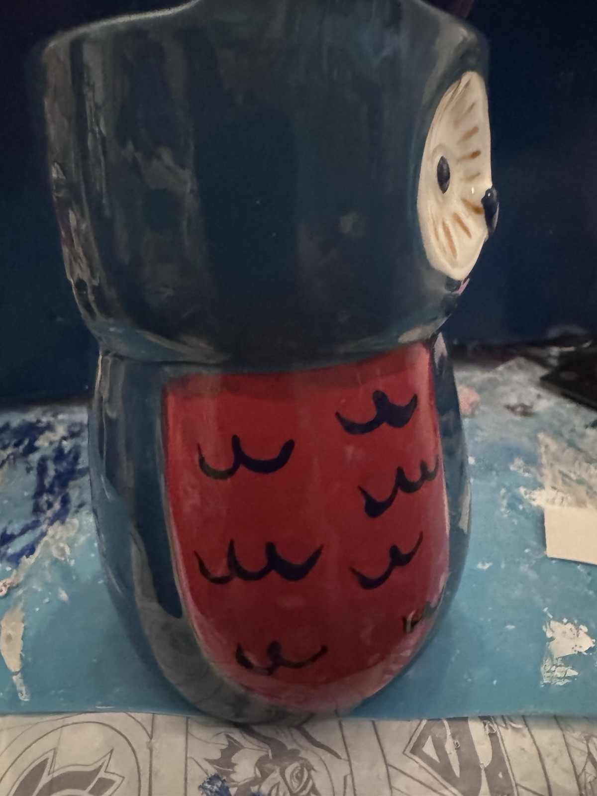 Blue Red White Ceramic Figural Owl Coffee Mug 16 fl oz Decorated 6 in