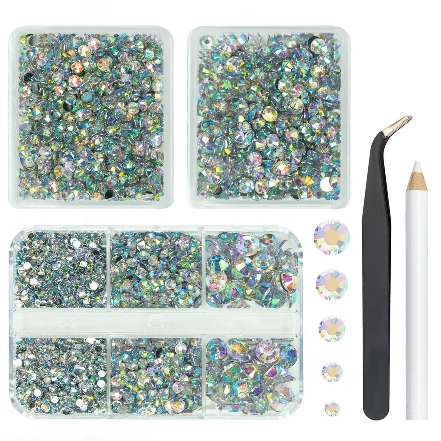 qiipii 3 Boxes 5070PCS Crystal AB Resin Rhinestones 2mm 3mm 4mm 5mm 6mm White…
