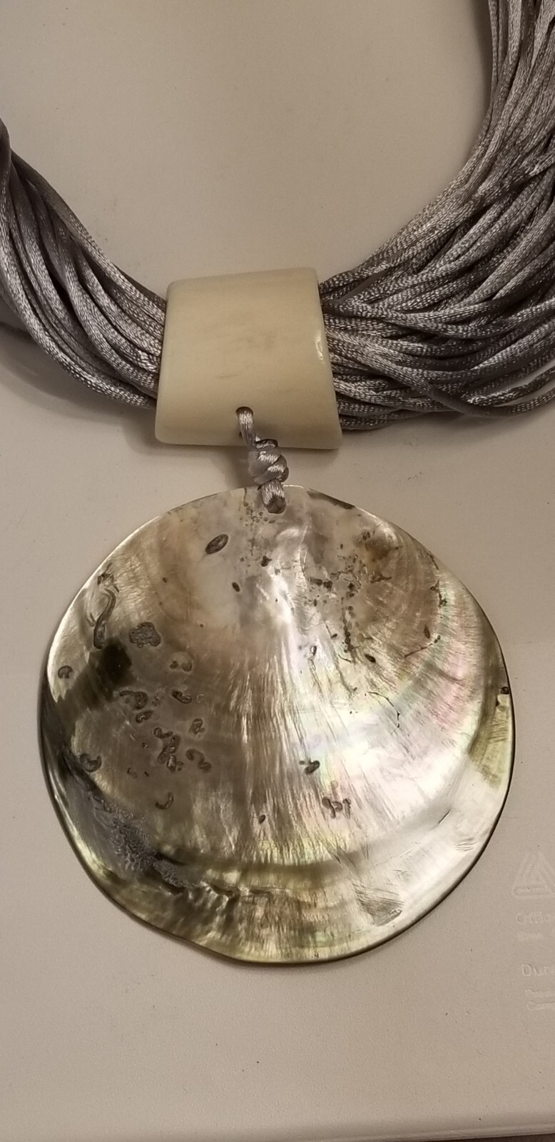 GRAY SILK MULTI-STRAND ABALONE SHELL PORCELAIN LEATHER NECKLACE MONIQUE LESHMAN