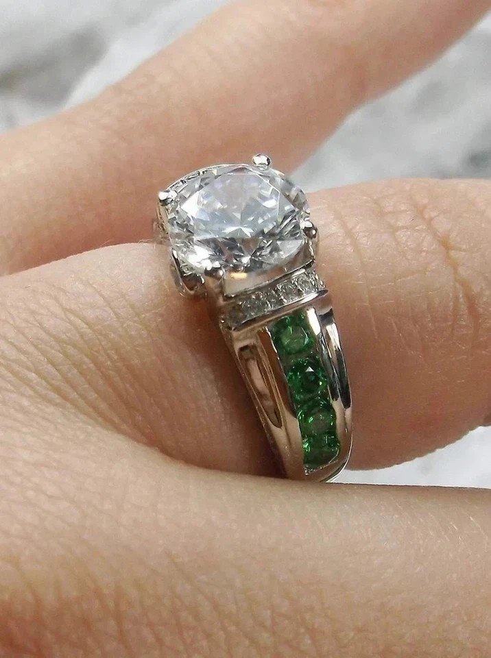 Art Deco Style Lab Created Diamond Emerald Engagement 14K White Gold Finish Ring