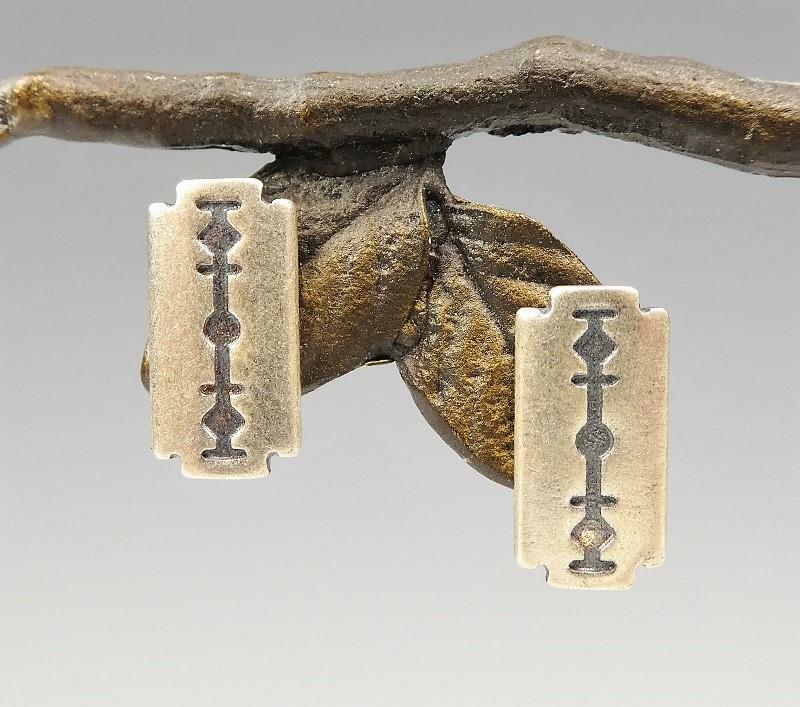 Handmade Sterling Silver Nice Detail Tiny Razer Blade Stud Post Earrings Unique