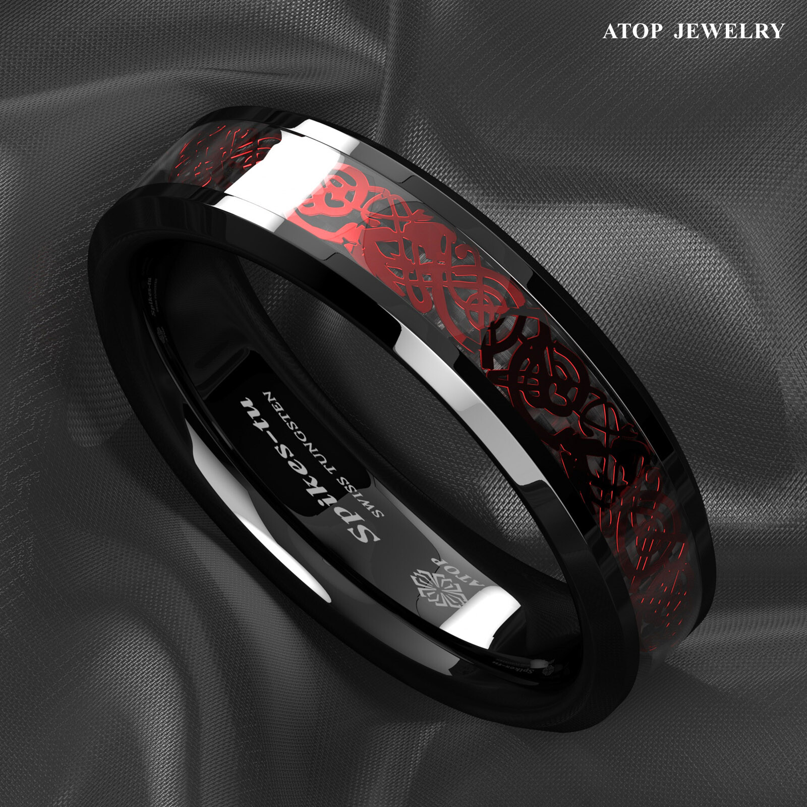 ATOP 8/6mm Men Black Red Tungsten Ring Wedding Band Celtic Dragon Carbon fiber