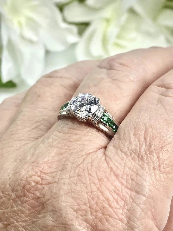 Art Deco Style Lab Created Diamond Emerald Engagement 14K White Gold Finish Ring