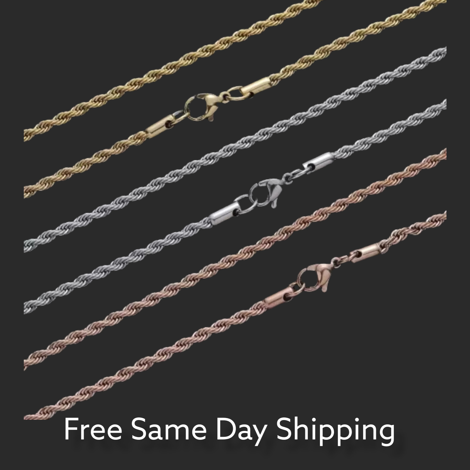 Stainless Steel Gold Plated Rope Chain 3mm Hip Hop Jewelry Unisex Men Women