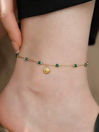18K Gold Plated Seashell Emerald Bead Anklet Stainless Steel Women