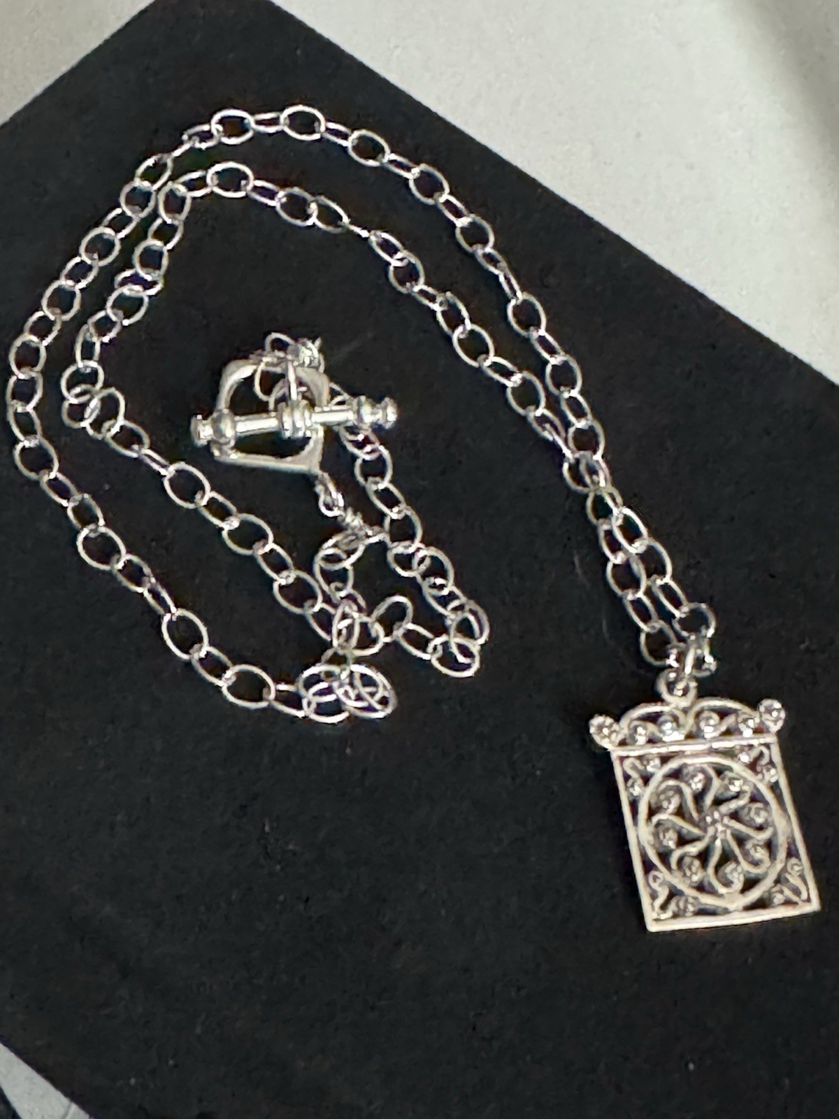 Gorgeous Sterling Chain Link Square Pendant Filigree Necklace Toggle Closure