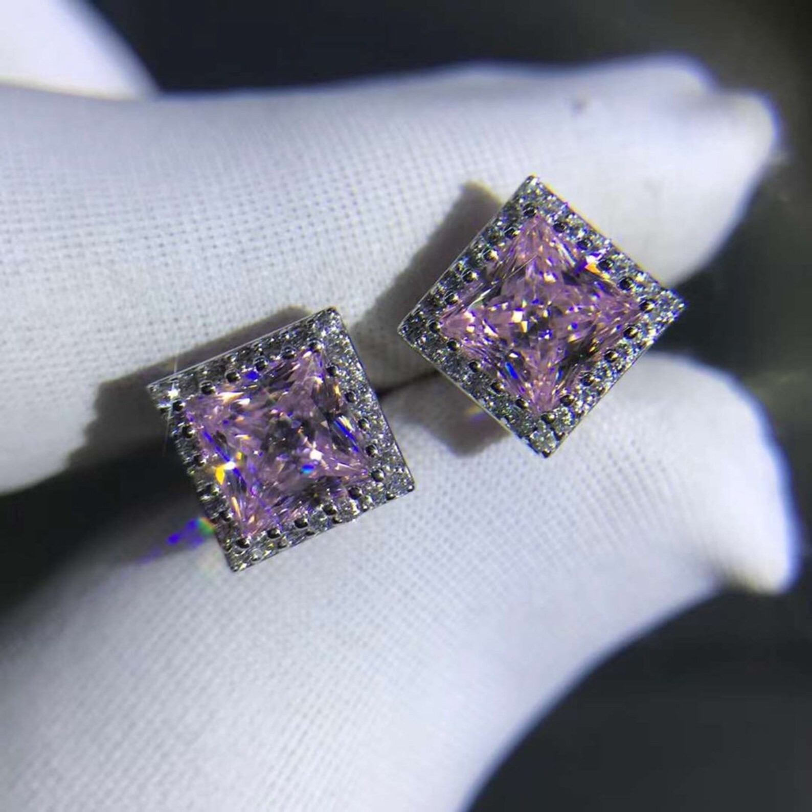Certified 3 Ct , Princess Cut – Pink Diamond Studs, Gift For Love-Tariffs FREE.