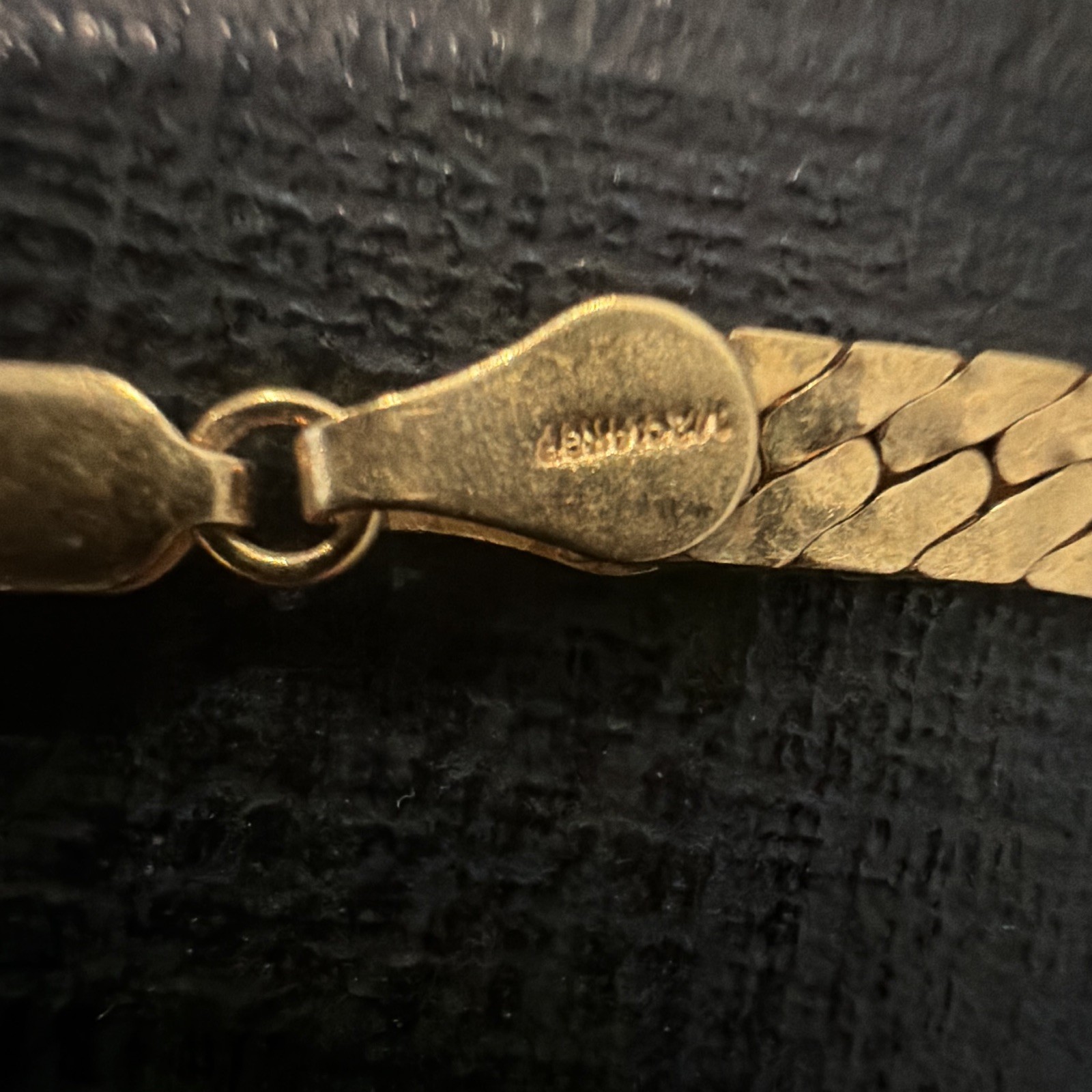Yellow Gold chip Signed Herringbone Necklace Teardrop Clear Bezel Choker charm.
