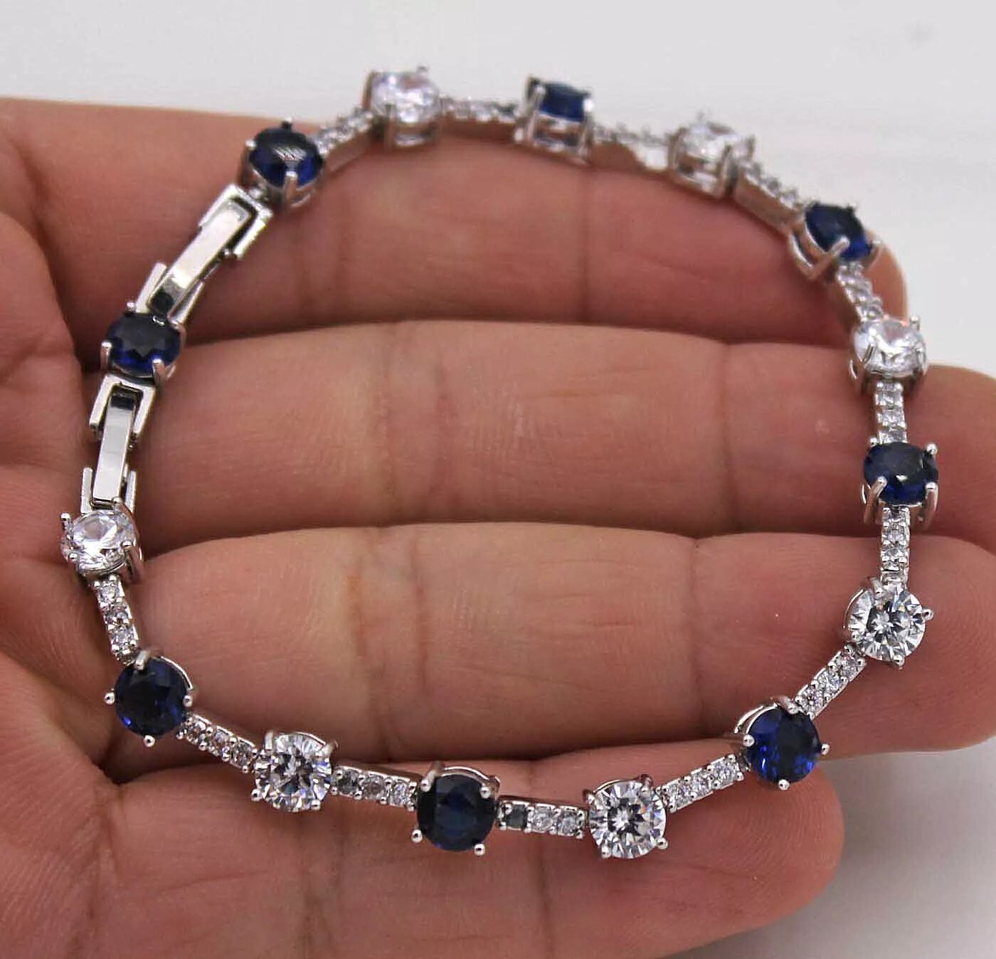 Silver 18K White Gold Filled Dark Blue & Clear CZ Tennis Style Bracelet 6-7″