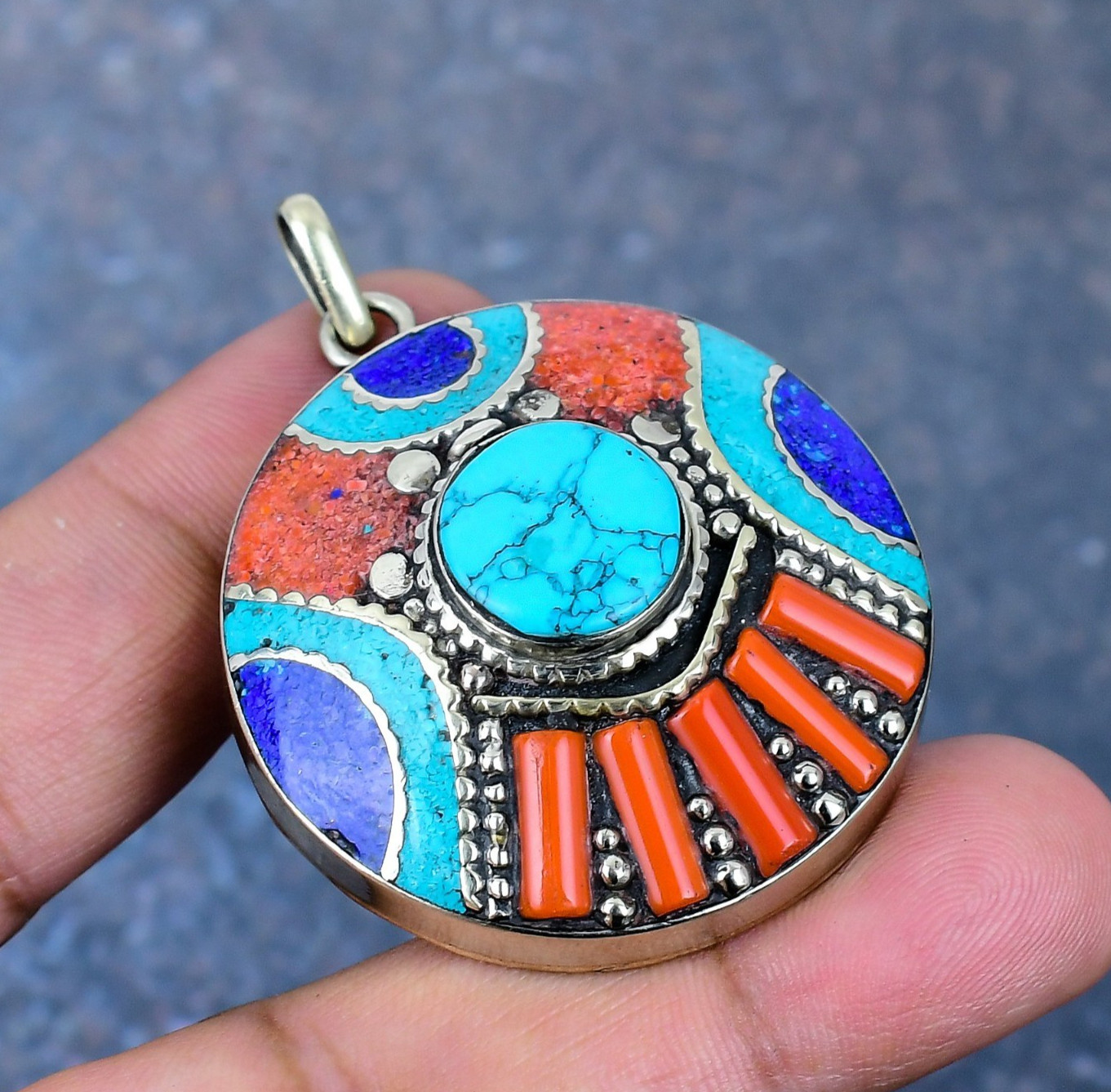 Turquoise, Coral Gemstone Handmade 925 Sterling Silver Nepali Pendant Jewelry