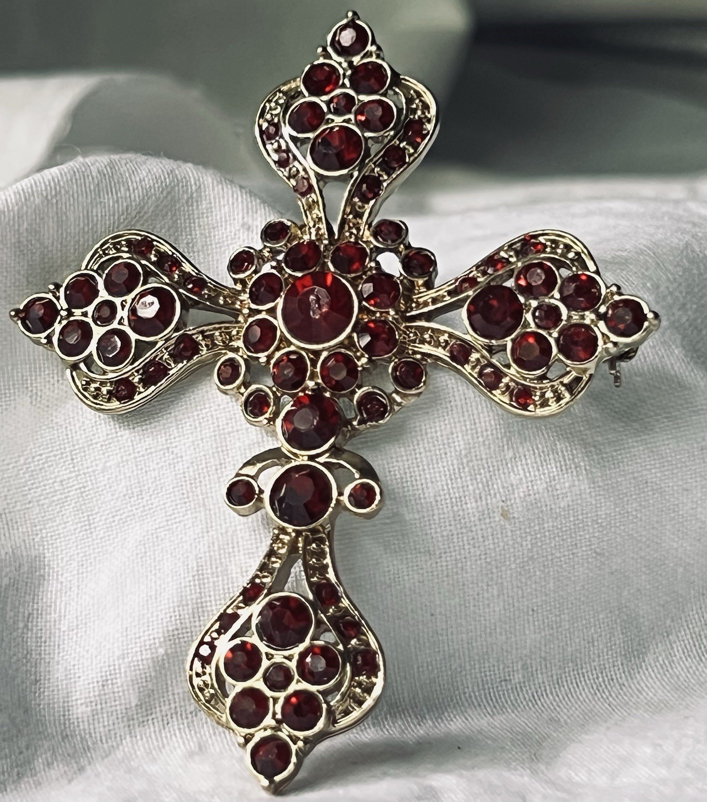 Estate Red Rhinestone Gold Tone 3” Tall Cross Brooch