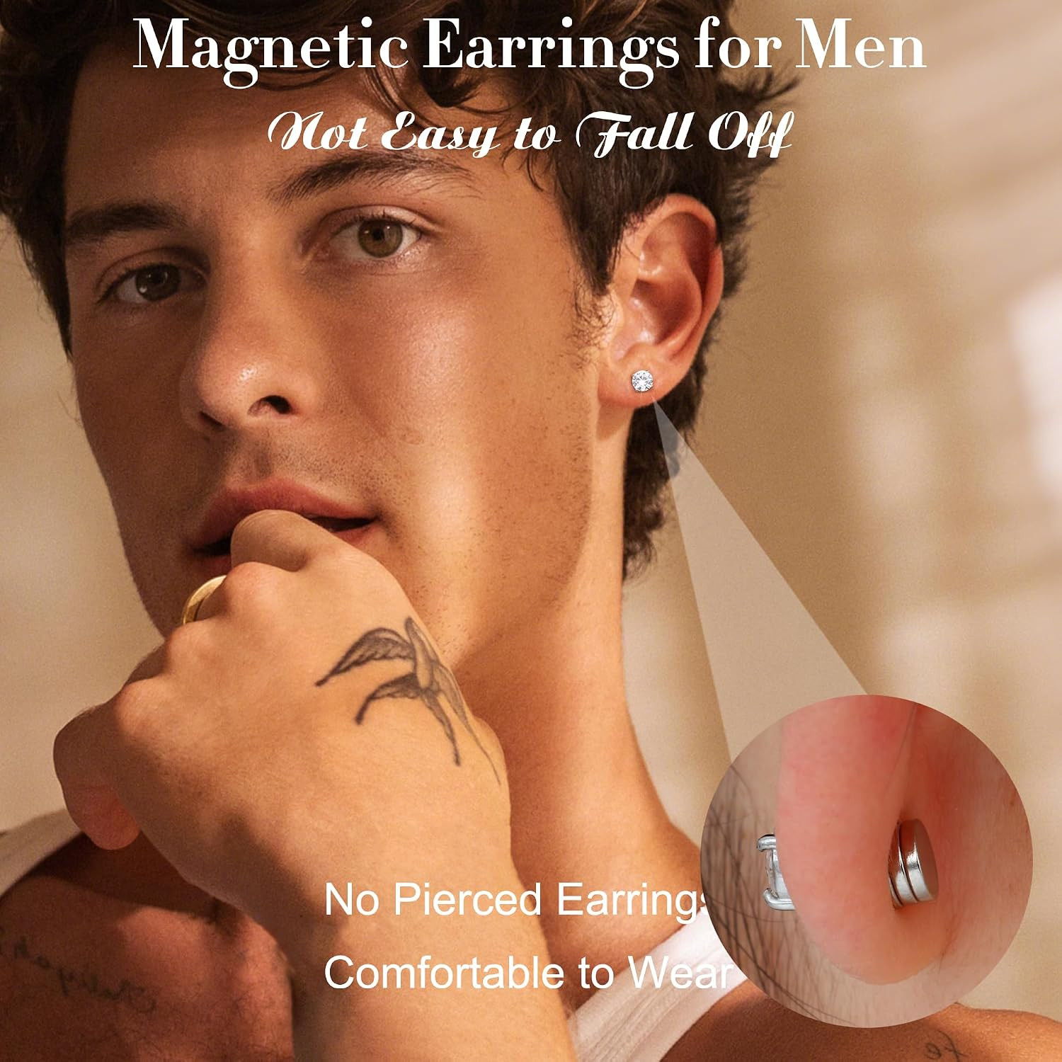 2 Pairs Stainless Steel Magnetic Stud Earrings for Men Women Non-Piercing CZ Hyp