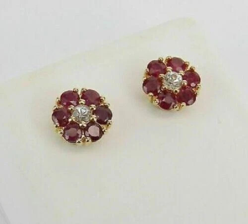 Round Cut Simulated Red Ruby 1.50Ct Flower Stud Earrings 14K Yellow Gold Plated