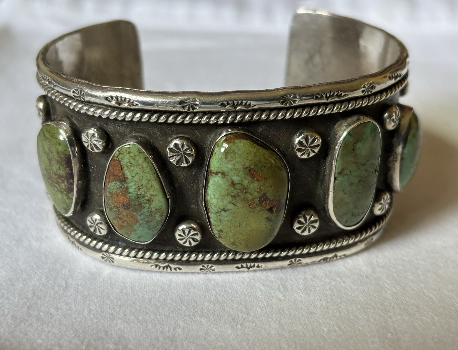 Vintage Navajo wide sterling cuff with 5 Royston Green Oval Cabochon Stamped