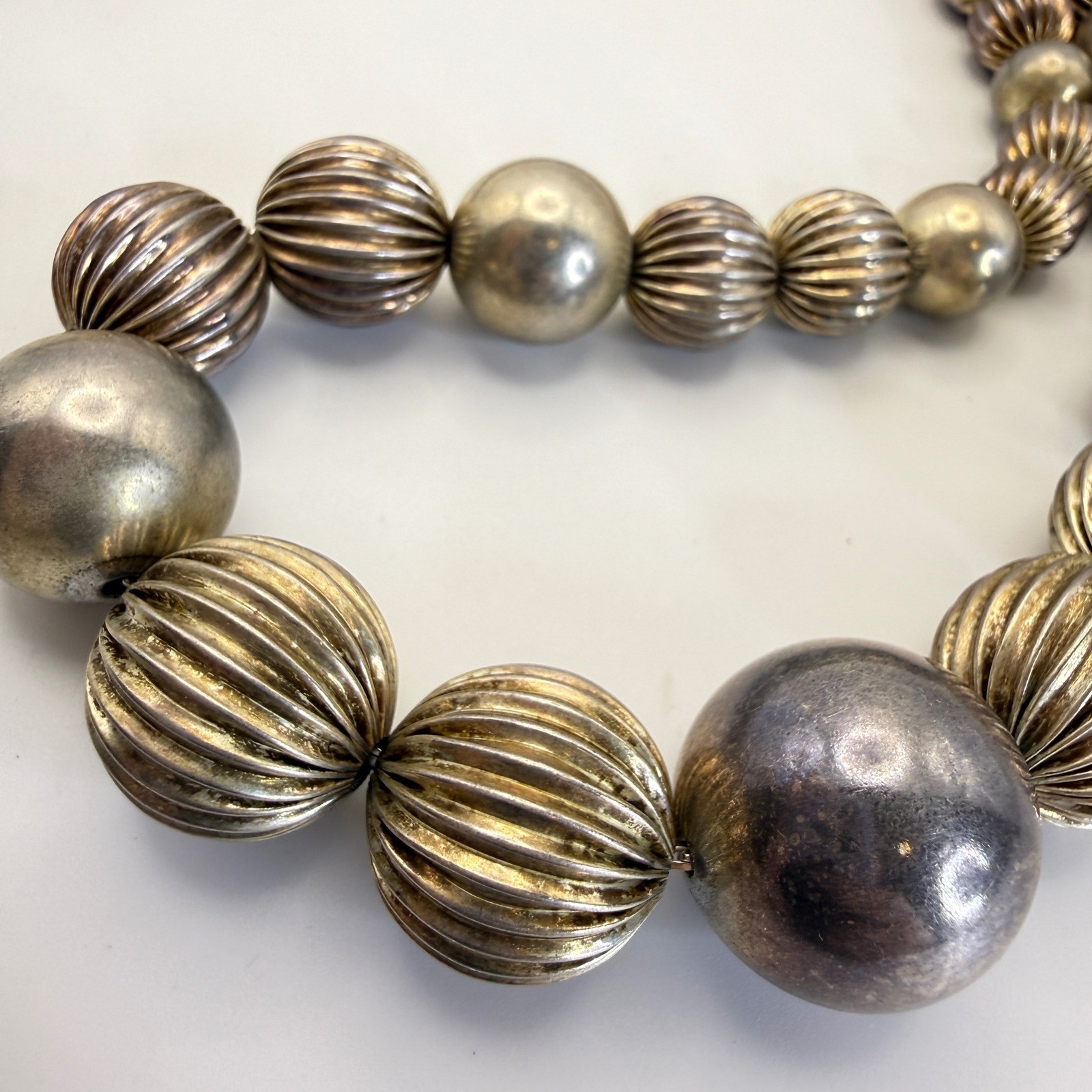 Sterling Silver Bead Necklace 108 Grams Graduated Ribbed Filigree Clasp