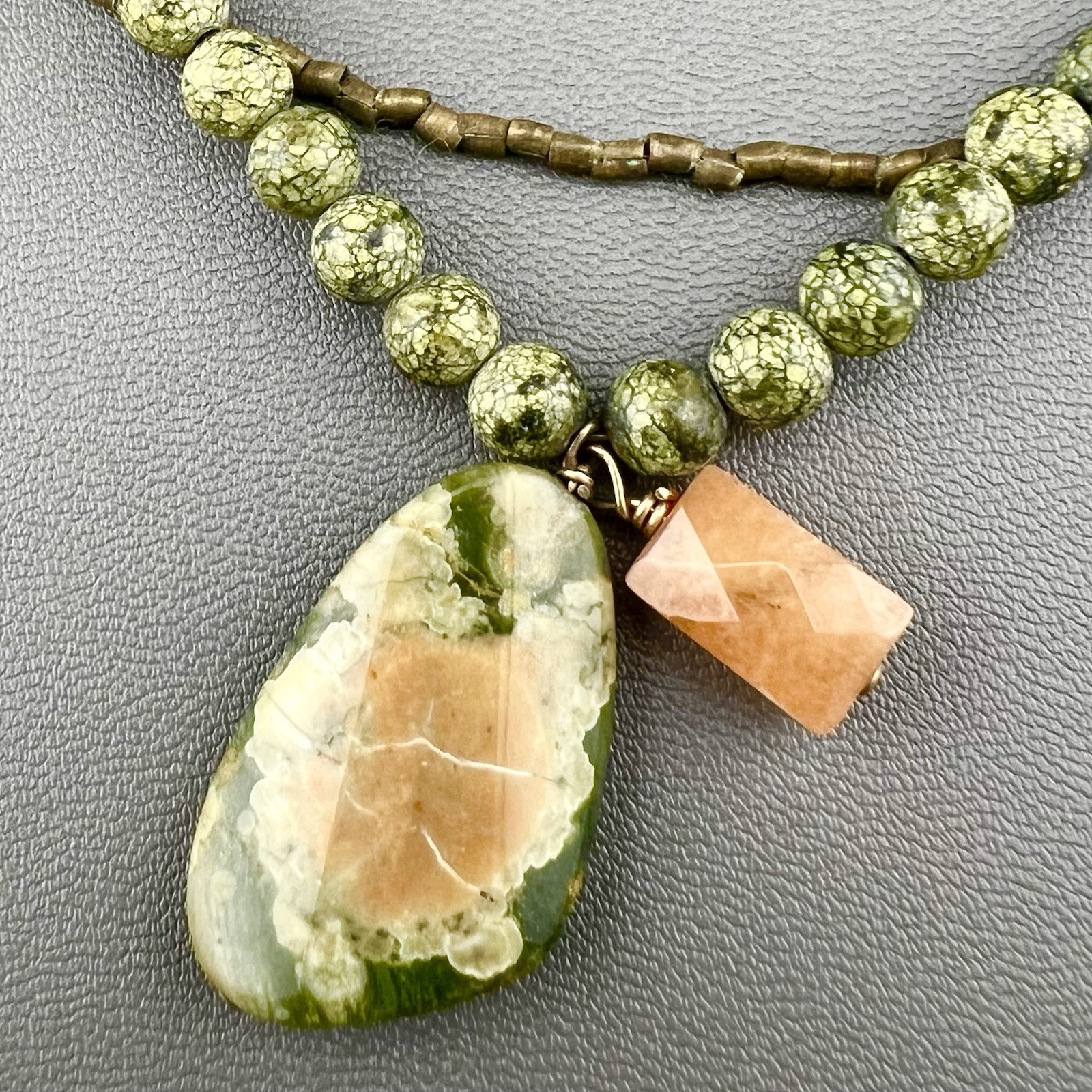 Natural Stone Necklace Green Orange Rainforest Rhyolite Beaded Artisan 16”