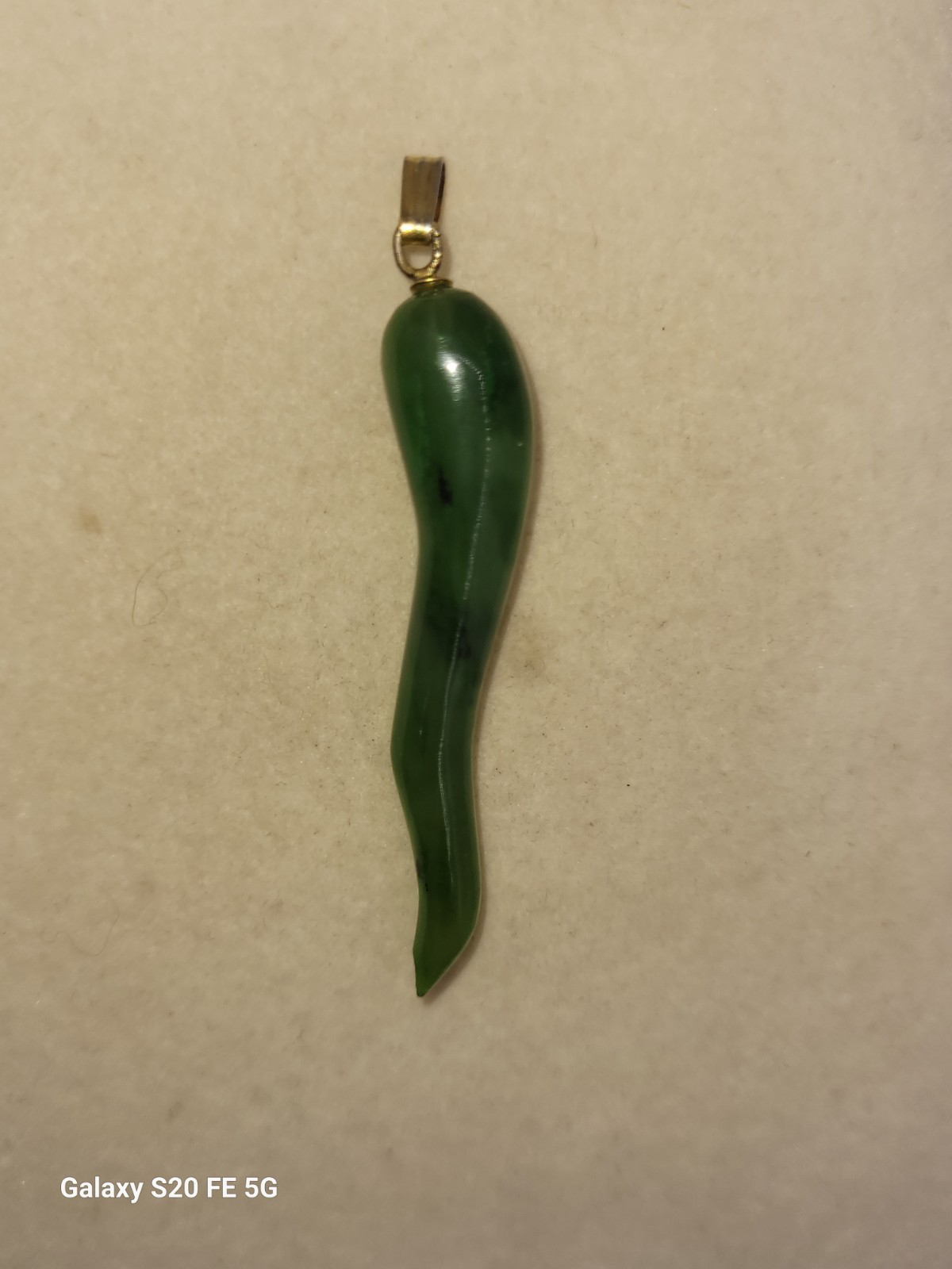 Vintage Italian Horn Natural Green Jade Stone Pendant Gold Bail 2″