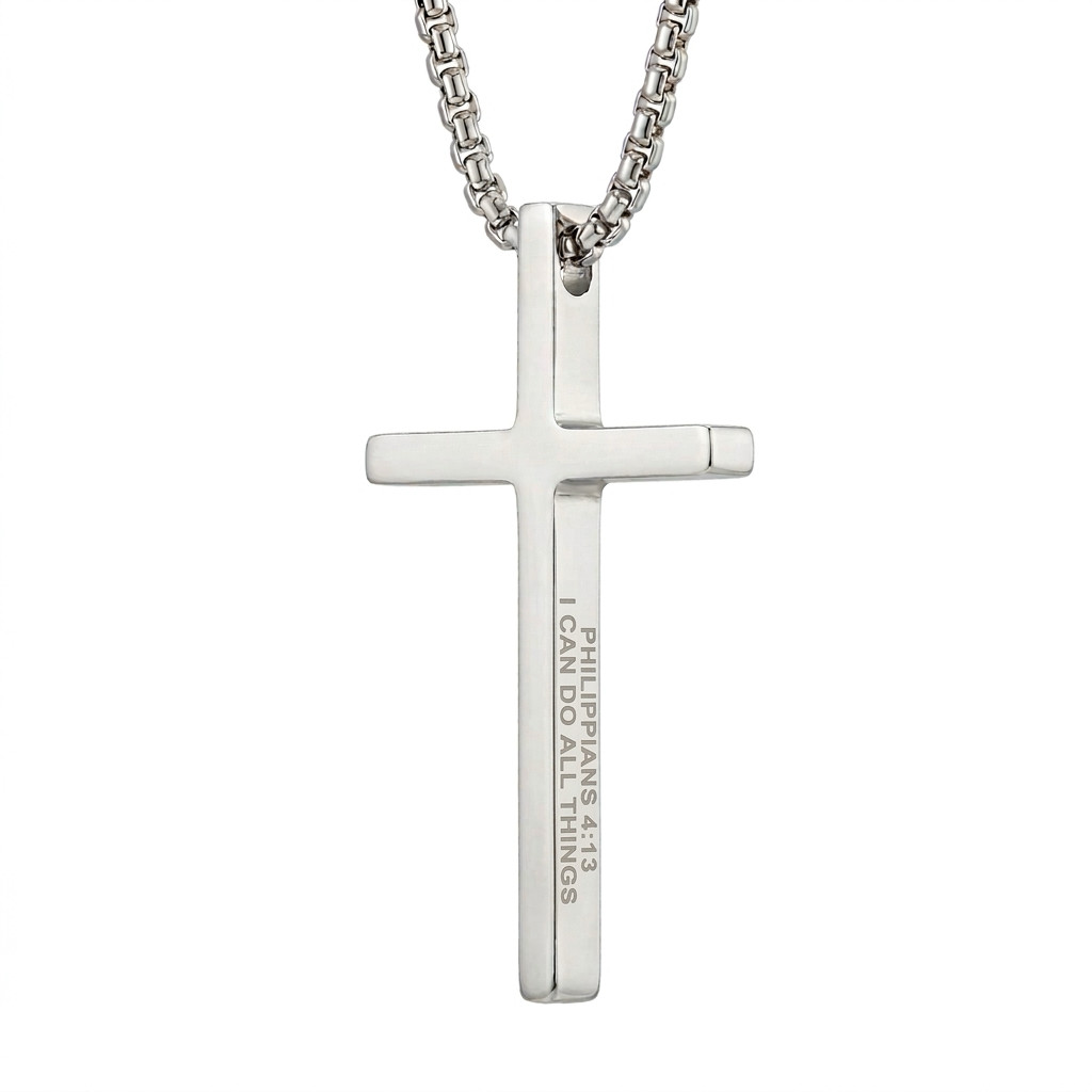 Engraved Stainless Steel Cross Necklace with Bible Verses
