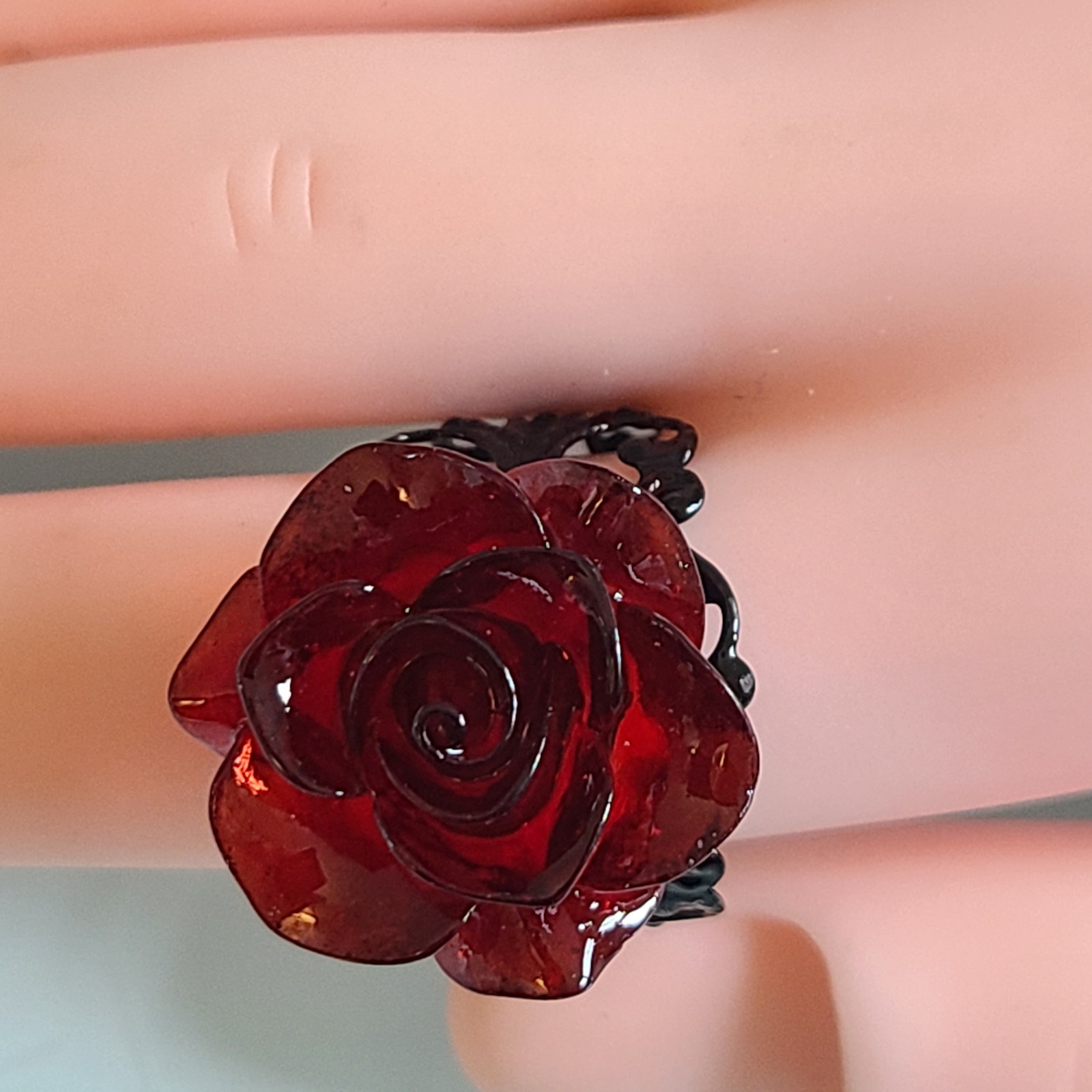 Deep Red Resin 3D Rose Ring • Black Metal Filigree Adjustable Band Gothic Style